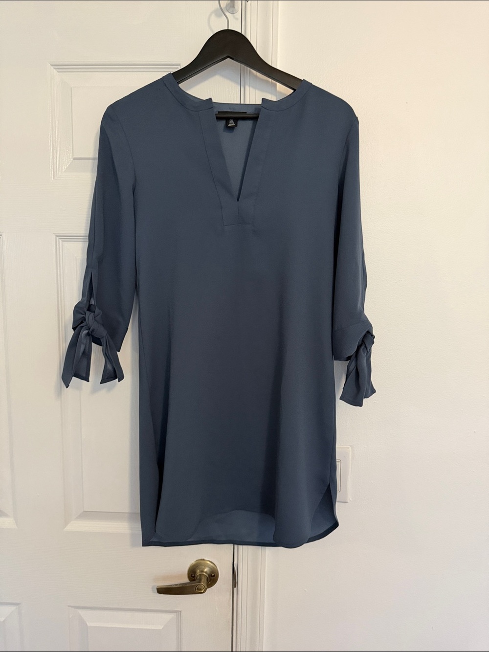 Slate-Blue V-Notch Tie-Sleeve Dress